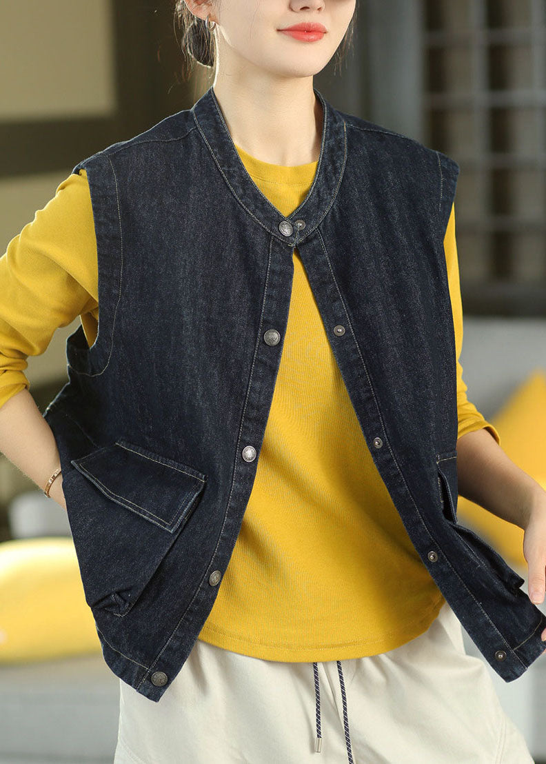 Boutique Dark Blue O-Neck Pockets Patchwork Denim Waistcoat Sleeveless