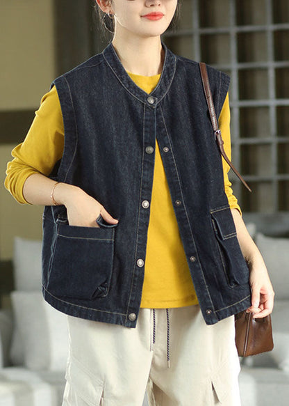 Boutique Dark Blue O-Neck Pockets Patchwork Denim Waistcoat Sleeveless