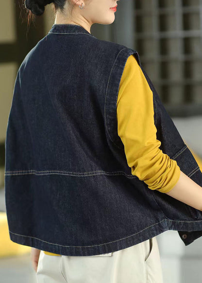 Boutique Dark Blue O-Neck Pockets Patchwork Denim Waistcoat Sleeveless