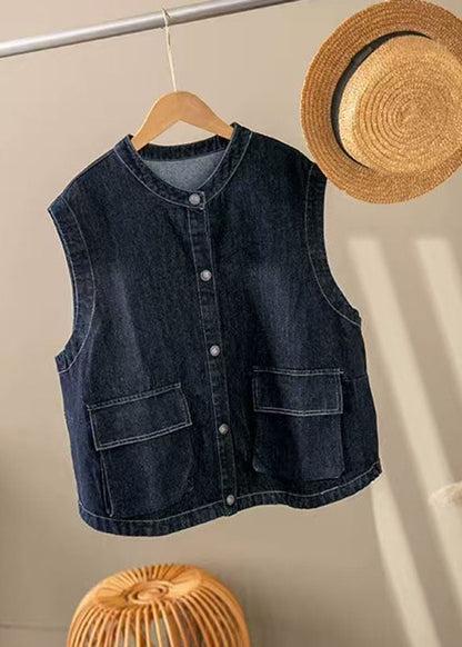 Boutique Dark Blue O-Neck Pockets Patchwork Denim Waistcoat Sleeveless