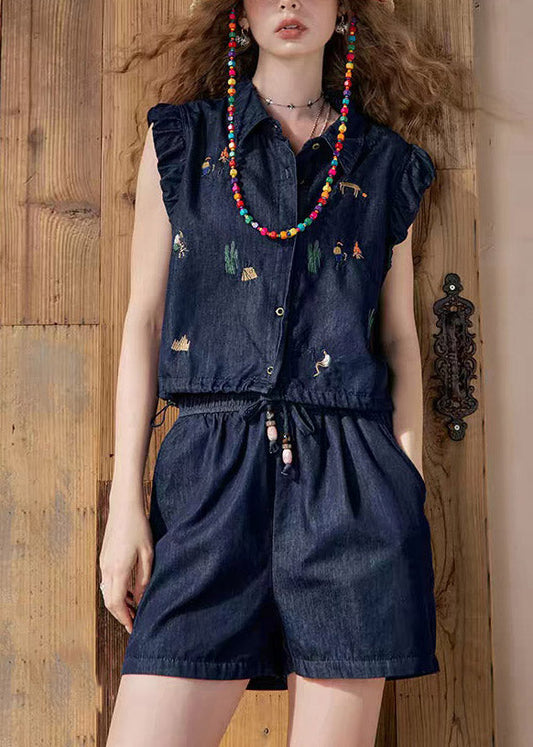 Boutique Dark Blue Peter Pan Collar Denim Shirt And Shorts Two Pieces Set Short Sleeve