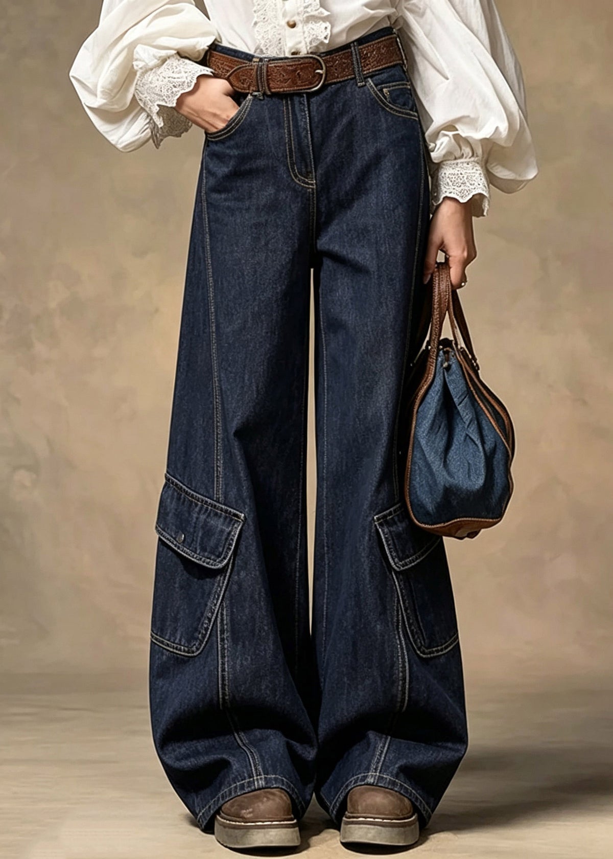 Boutique Dark Blue Pockets Patchwork Jeans Fall