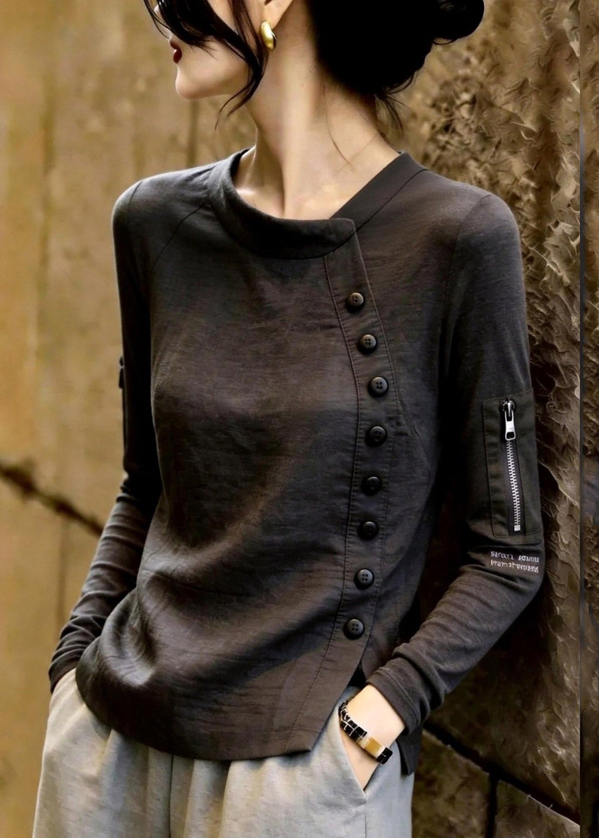 Boutique Dark Grey O-Neck Asymmetrical Patchwork Top Fall