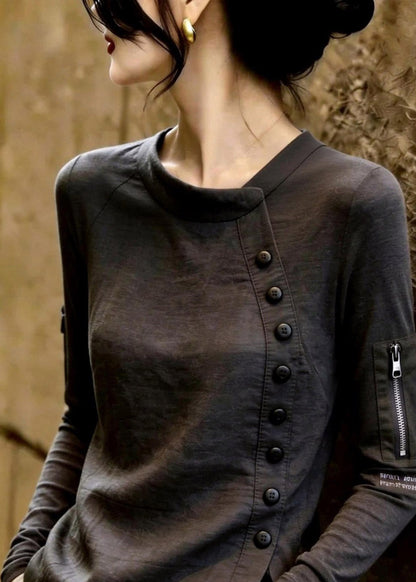 Boutique Dark Grey O-Neck Asymmetrical Patchwork Top Fall