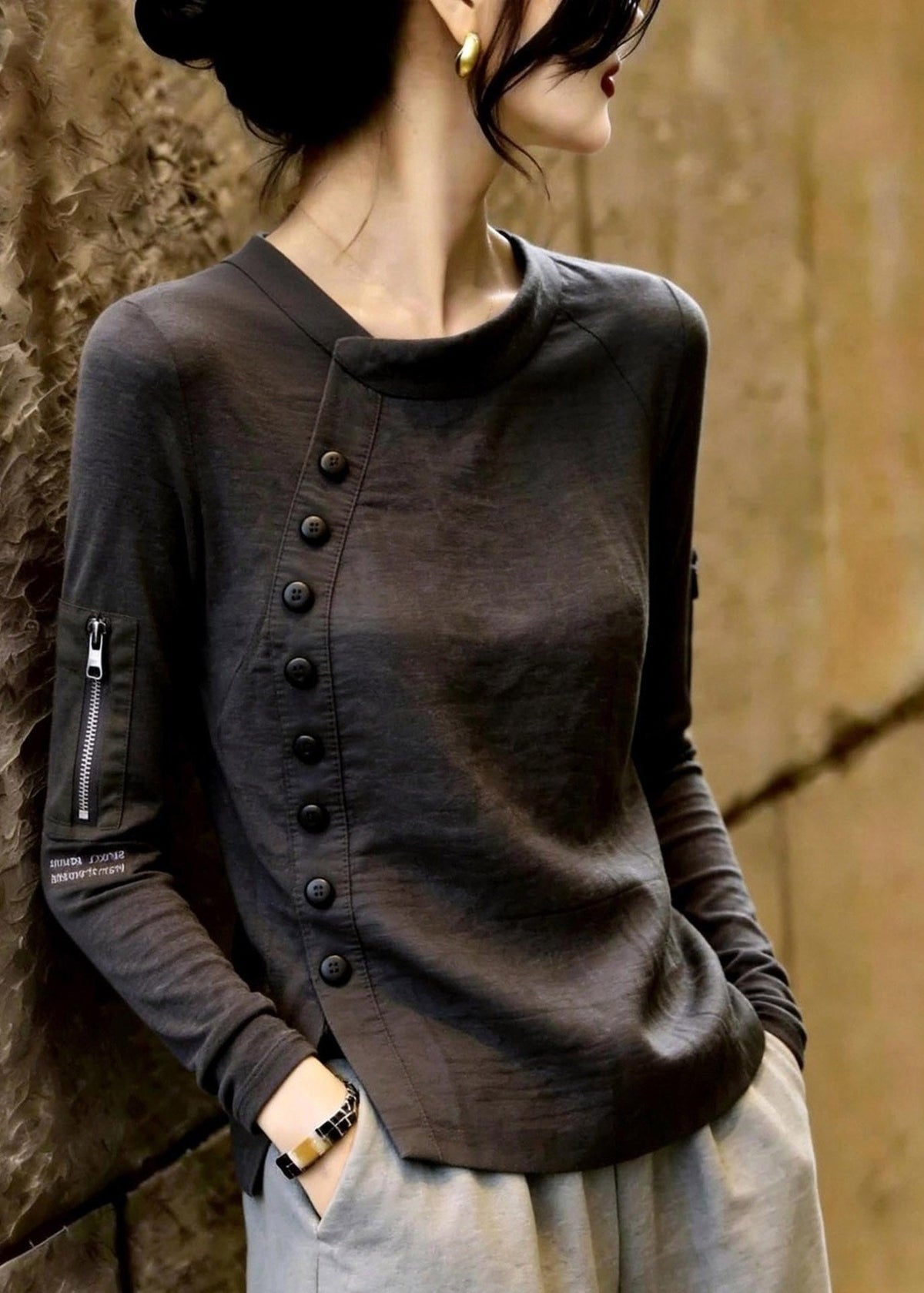 Boutique Dark Grey O-Neck Asymmetrical Patchwork Top Fall