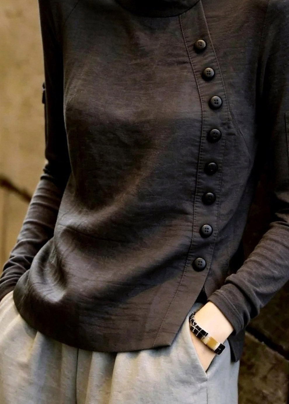 Boutique Dark Grey O-Neck Asymmetrical Patchwork Top Fall