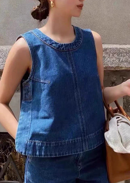 Boutique Denim Blue Patchwork Top And Wide Leg Pants Two Piece Set Sleeveless