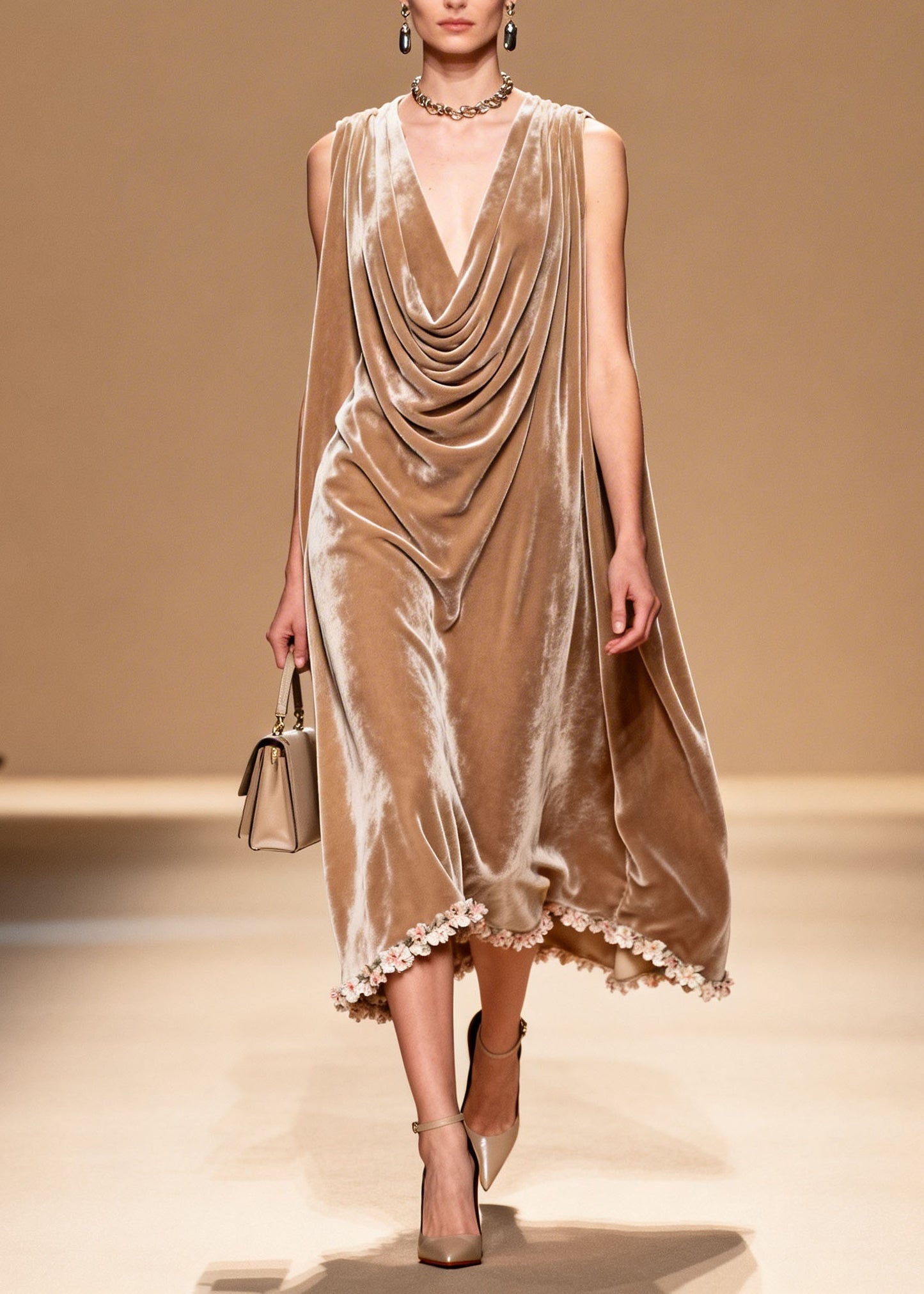 Boutique Draped Neckline Floral Patchwork Velvet Dresses Sleeveless