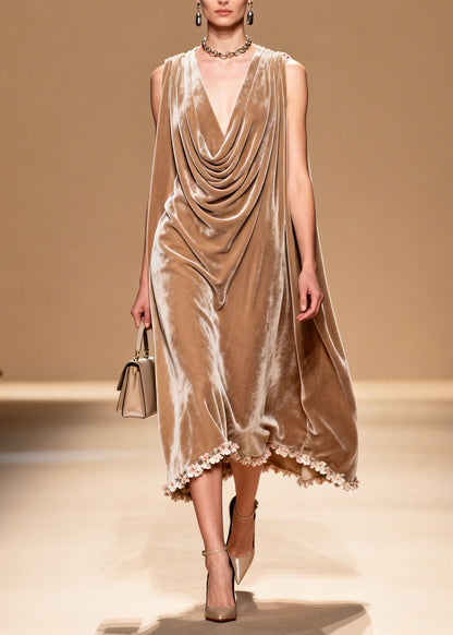 Boutique Draped Neckline Floral Patchwork Velvet Dresses Sleeveless