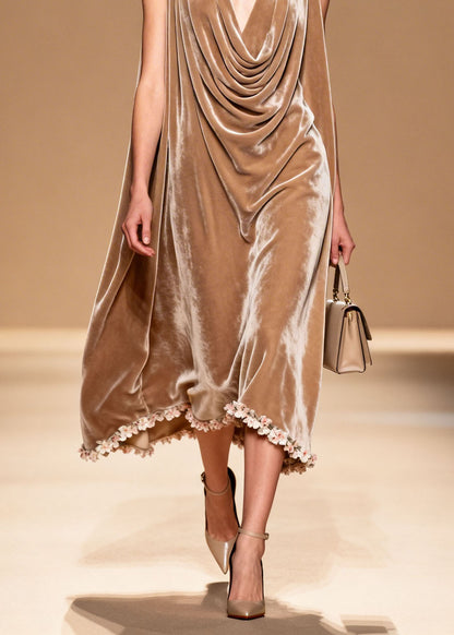 Boutique Draped Neckline Floral Patchwork Velvet Dresses Sleeveless