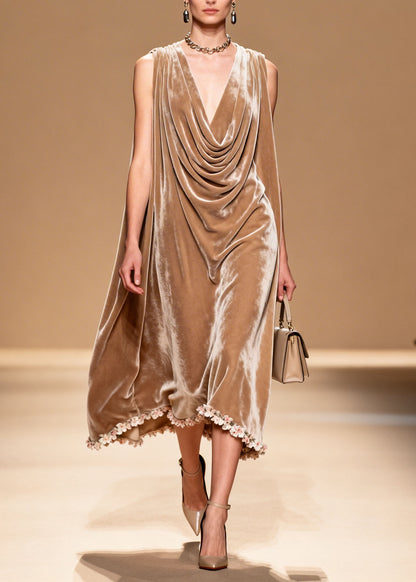 Boutique Draped Neckline Floral Patchwork Velvet Dresses Sleeveless