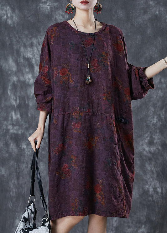 Boutique Dull Purple Print Chinese Button Linen Dress Spring