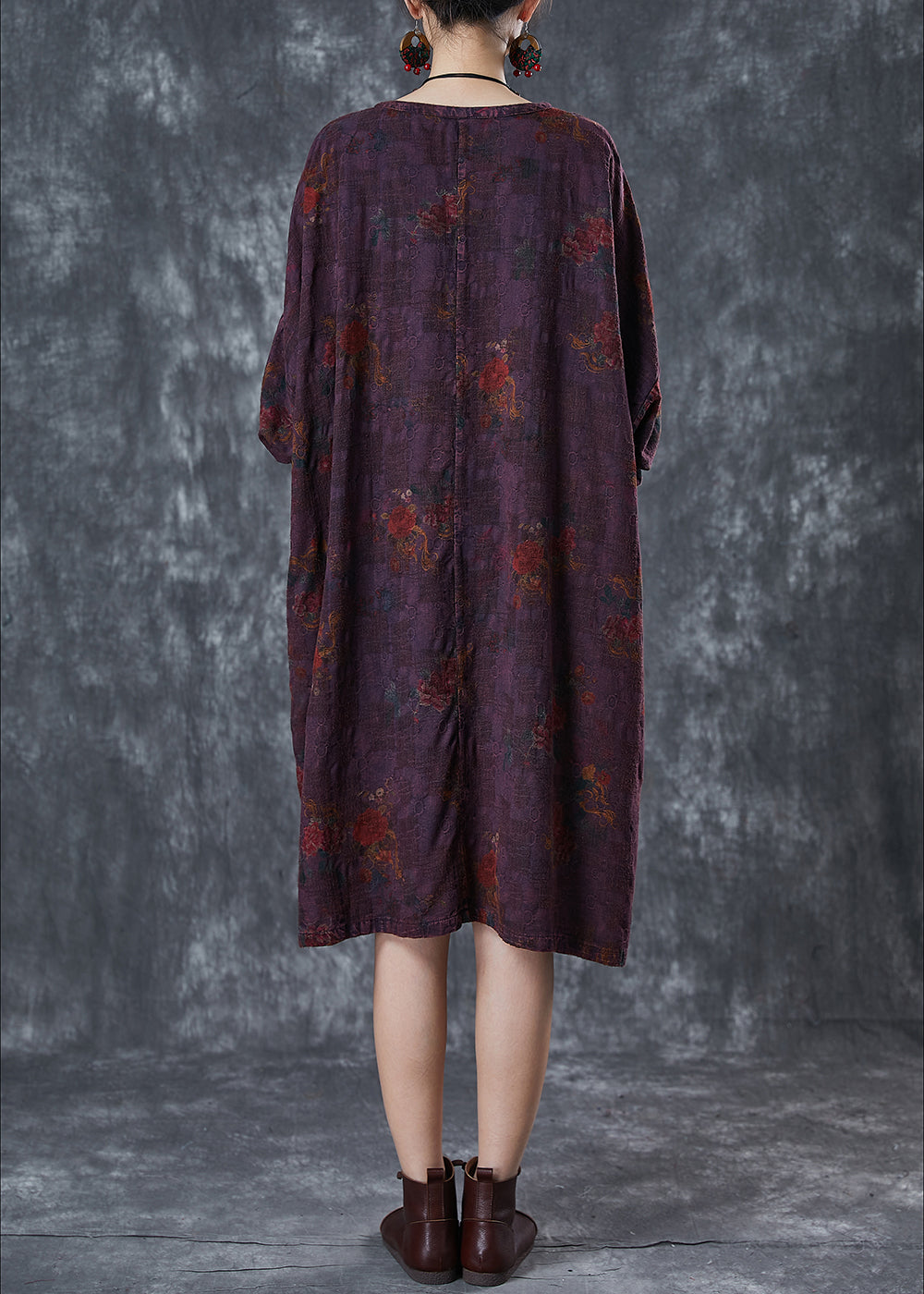 Boutique Dull Purple Print Chinese Button Linen Dress Spring
