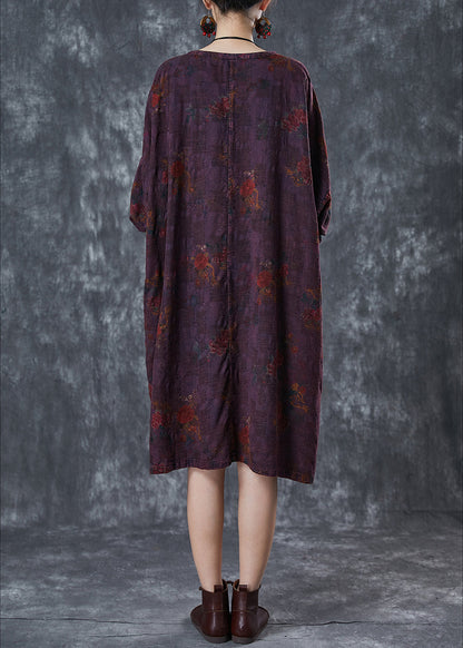 Boutique Dull Purple Print Chinese Button Linen Dress Spring