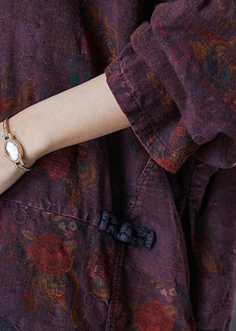 Boutique Dull Purple Print Chinese Button Linen Dress Spring