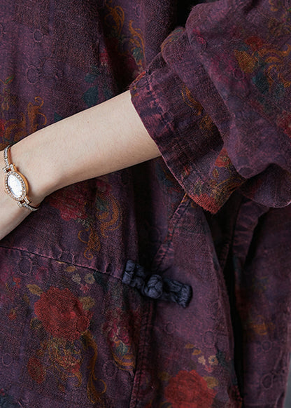 Boutique Dull Purple Print Chinese Button Linen Dress Spring