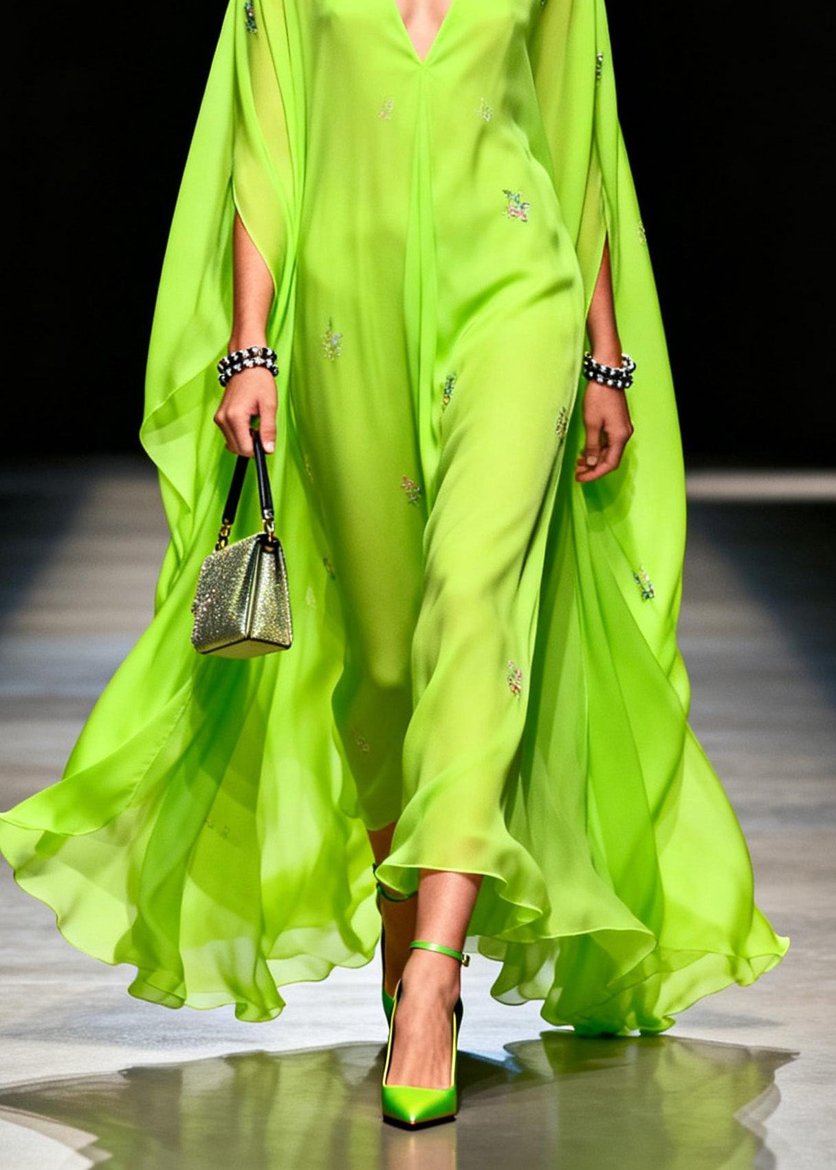 Boutique Fluorescen Green V Neck Zircon Chiffon Dress Summer