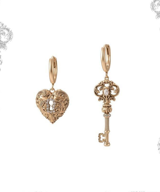 Boutique Gold Copper Alloy Zircon Asymmetrical Key LoverDrop Earrings