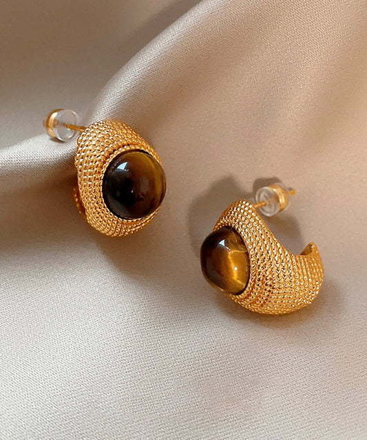 Boutique Gold Copper Overgild Tiger's Eye Stud Earrings