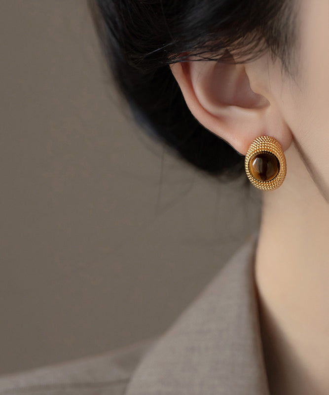 Boutique Gold Copper Overgild Tiger's Eye Stud Earrings