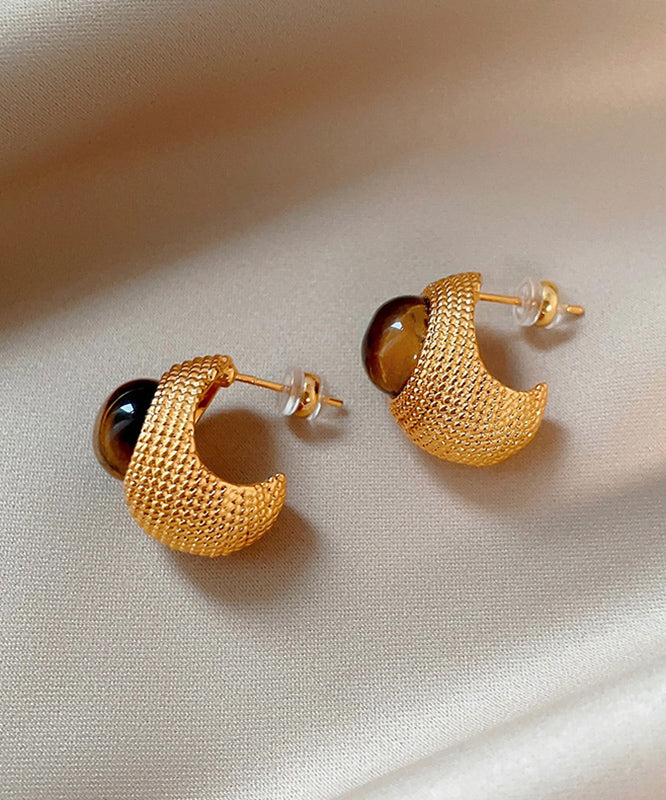 Boutique Gold Copper Overgild Tiger's Eye Stud Earrings