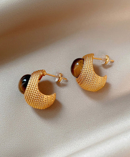 Boutique Gold Copper Overgild Tiger's Eye Stud Earrings