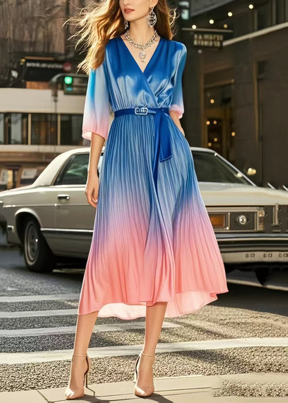 Boutique Gradient Color Cinched Draping Silk Dress Summer