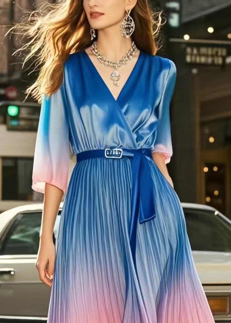 Boutique Gradient Color Cinched Draping Silk Dress Summer