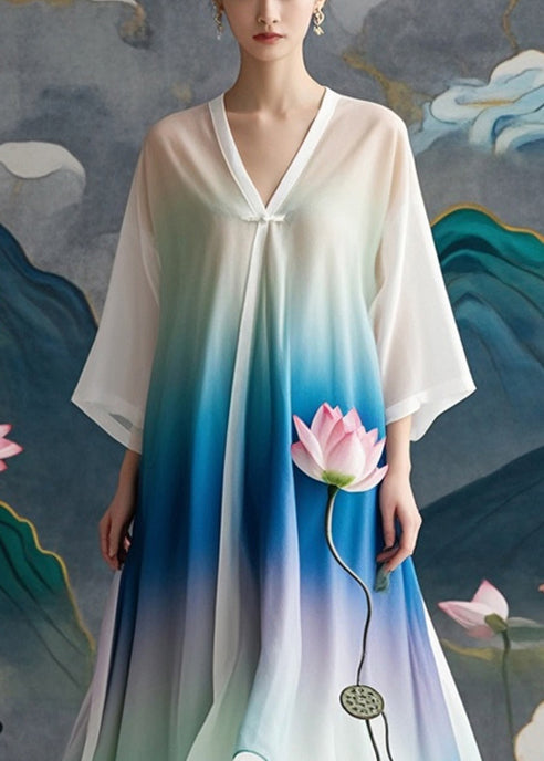 Boutique Gradient Color Lotus Print Chiffon Long Dress Spring