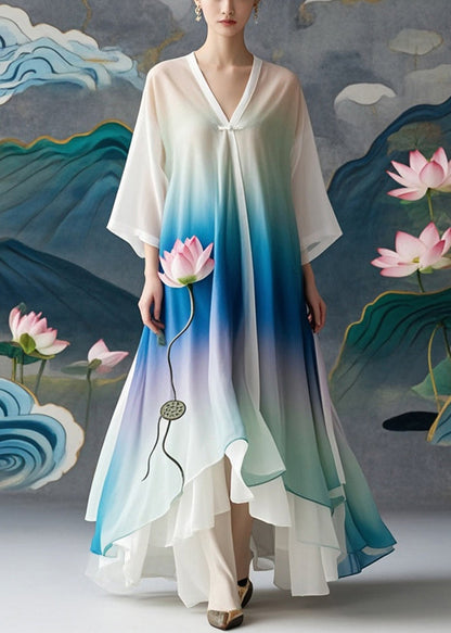 Boutique Gradient Color Lotus Print Chiffon Long Dress Spring