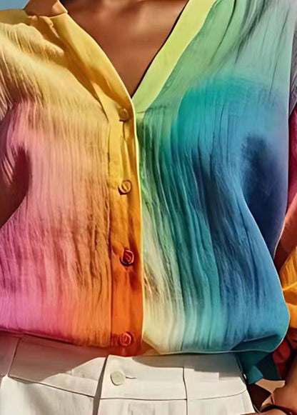 Boutique Gradient Color V Neck Linen Shirts Summer