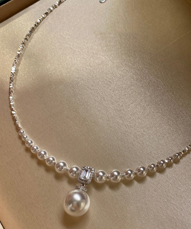 Boutique Gradient Size Beaded String Zircon Small Square Silver Choker