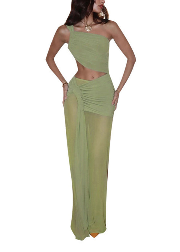 Boutique Green Cold Shoulder Wrinkled Tulle Two-Piece Set Summer