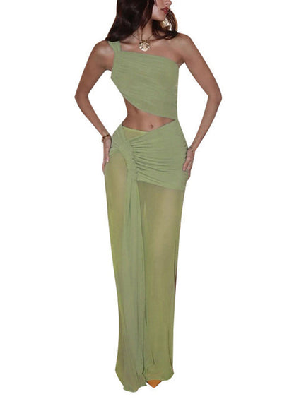 Boutique Green Cold Shoulder Wrinkled Tulle Two-Piece Set Summer