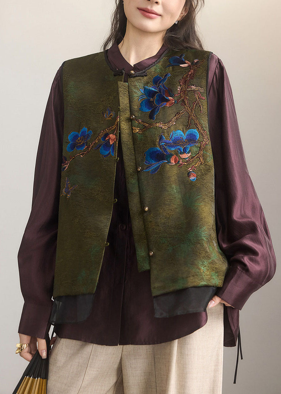 Boutique Green Embroidered Patchwork Satin Oriental Vests Fall
