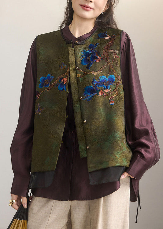 Boutique Green Embroidered Patchwork Satin Oriental Vests Fall