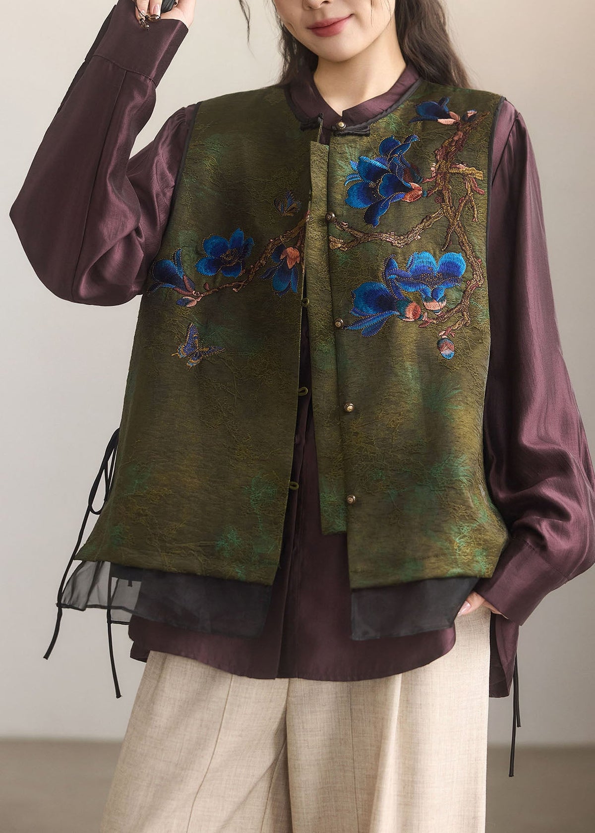 Boutique Green Embroidered Patchwork Satin Oriental Vests Fall