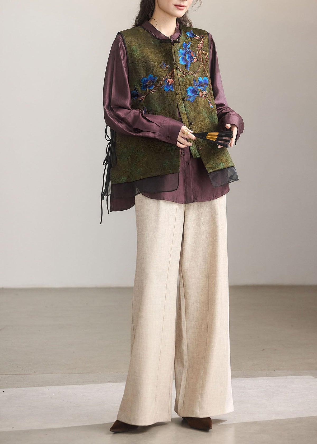 Boutique Green Embroidered Patchwork Satin Oriental Vests Fall