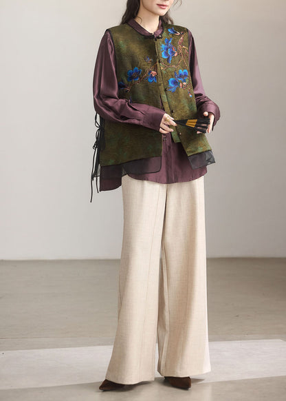 Boutique Green Embroidered Patchwork Satin Oriental Vests Fall
