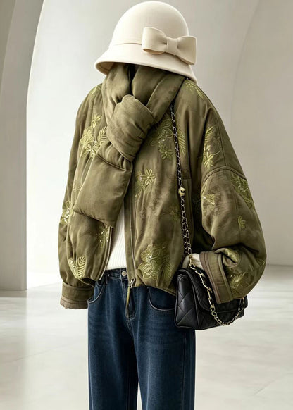Boutique Green Embroidered Sequins Cotton Filled Parkas Winter