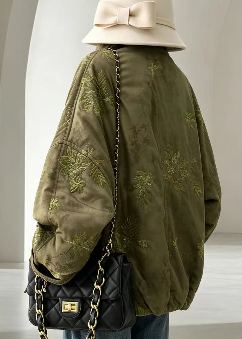 Boutique Green Embroidered Sequins Cotton Filled Parkas Winter