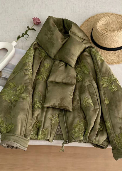 Boutique Green Embroidered Sequins Cotton Filled Parkas Winter