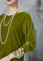 Boutique Green Embroidered Silk Velour Blouses Spring