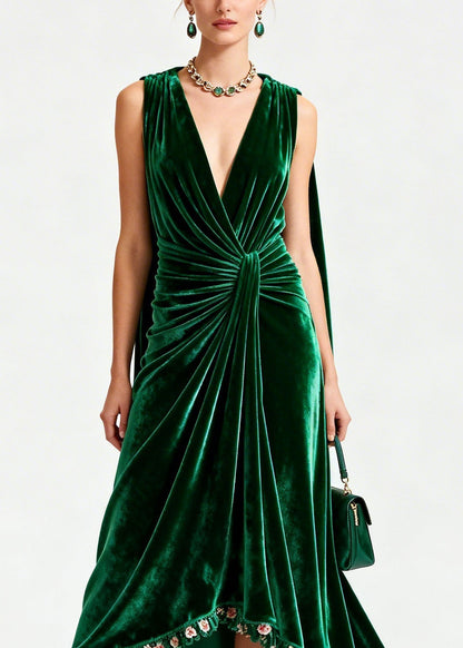 Boutique Green Floral Patchwork Velvet Robe Dresses Sleeveless