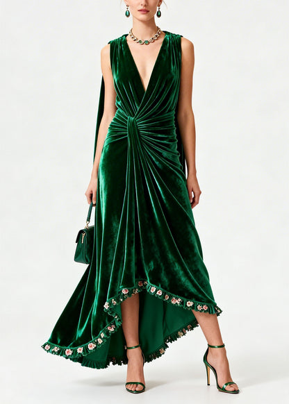 Boutique Green Floral Patchwork Velvet Robe Dresses Sleeveless