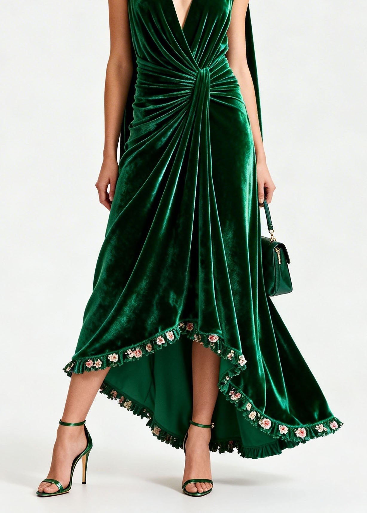 Boutique Green Floral Patchwork Velvet Robe Dresses Sleeveless