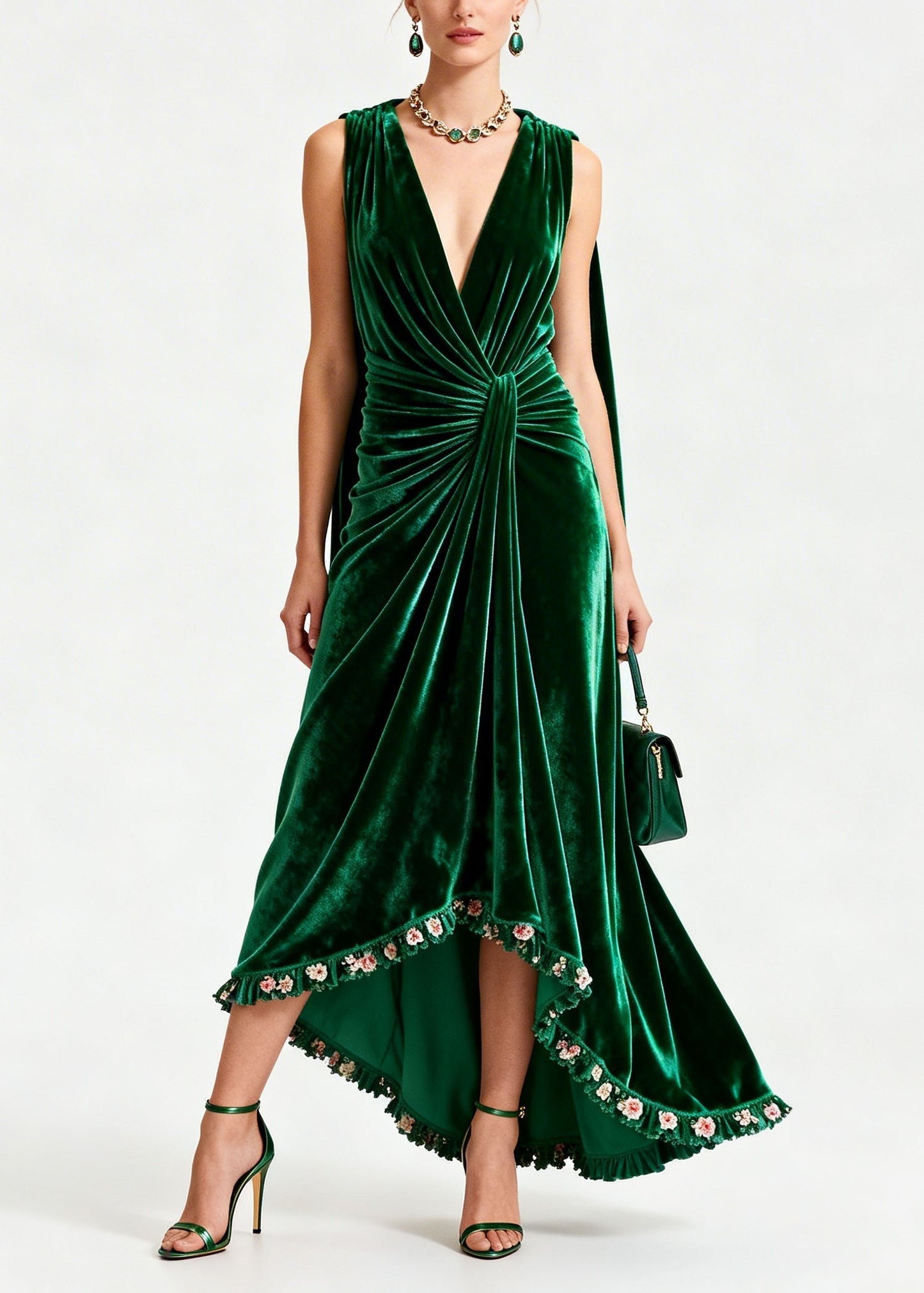 Boutique Green Floral Patchwork Velvet Robe Dresses Sleeveless