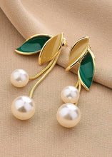 Load image into Gallery viewer, Boutique Green Leaf Pearl Metal Drop Earrings
