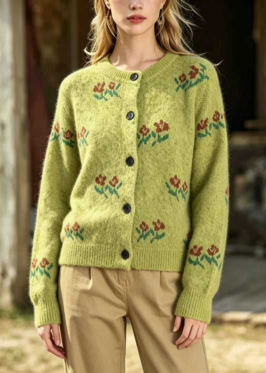 Boutique Green O Neck Button Jacquard Knit Cardigans Fall