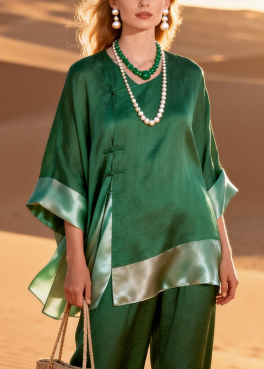 Boutique Green O Neck Chinese Button Patchwork Silk Linen Two Piece Set Bracelet Sleeve